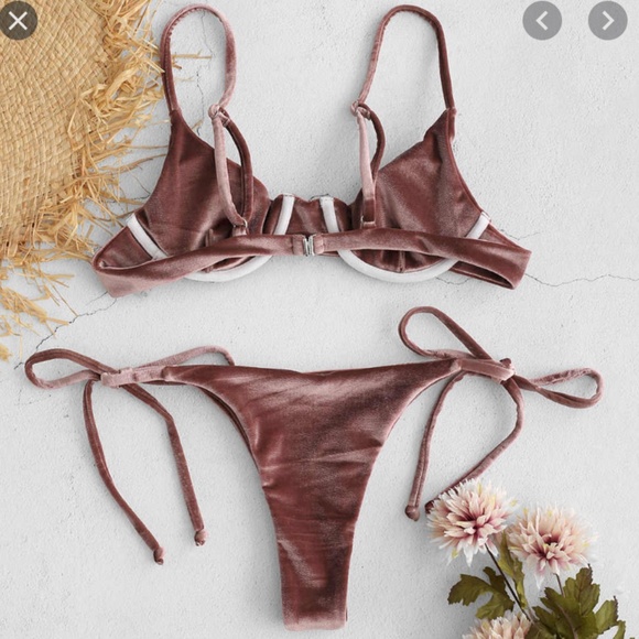 Khaki Velvet Triangle Two Piece Bikini Set - Picture 4 of 8